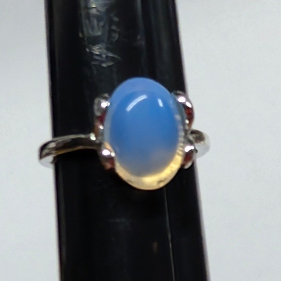 New Opalite Oval Cabochon Big Ring Plus Size 10.5 Blue SilverTone Statement Boho - Picture 7 of 11
